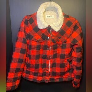 Montrez Red and Black Plaid Bomber Jacket with Sherpa